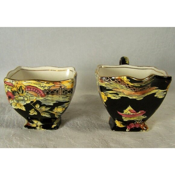 Royal Winton Grimwades Black Pekin Bone China Creamer Sugar Set Vintage 1950s - Picture 7 of 10
